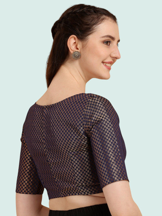 Women Navy Blue Brocade Silk Blouse | Back Neck Design | Ethnic Wear