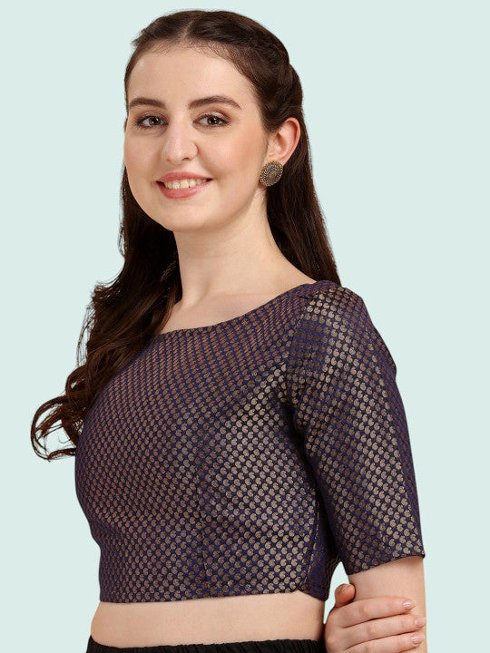 Women Navy Blue Brocade Silk Blouse | Back Neck Design | Ethnic Wear