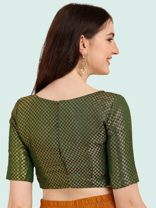 Women Green Brocade Silk Blouse | Classic Boat Neck | Designer Look