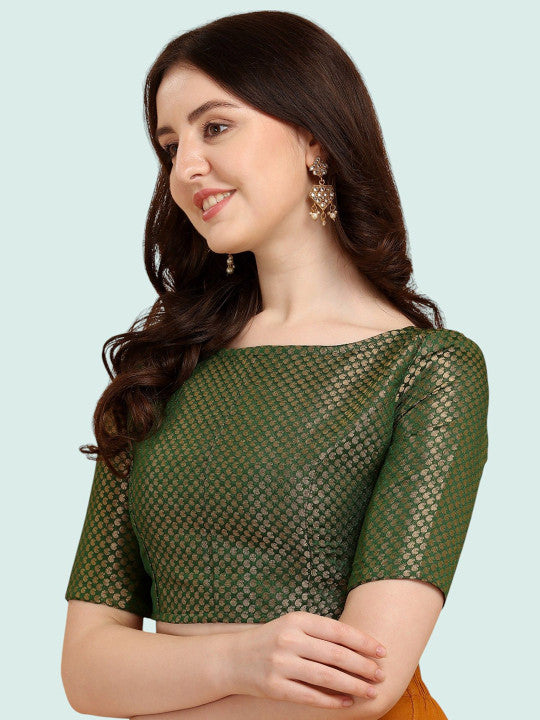 Women Green Brocade Silk Blouse | Classic Boat Neck | Designer Look