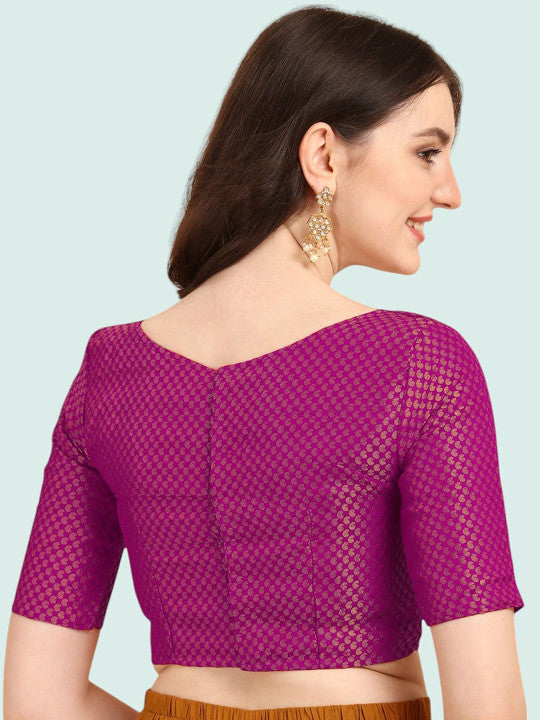 Women Purple Brocade Silk Blouse | Elegant Boat Neck | Short Sleeves