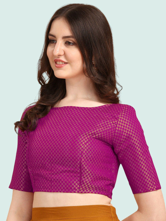 Women Purple Brocade Silk Blouse | Elegant Boat Neck | Short Sleeves