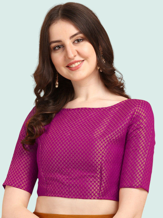 Women Purple Brocade Silk Blouse | Elegant Boat Neck | Short Sleeves