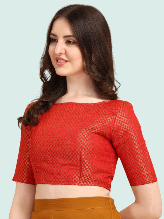 Women Red Brocade Silk Blouse | Festive Wear | Short Sleeve Blouse