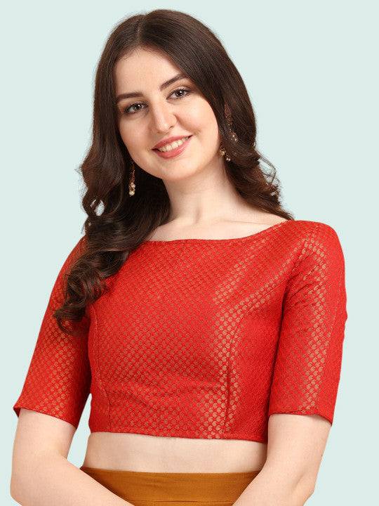 Women Red Brocade Silk Blouse | Festive Wear | Short Sleeve Blouse