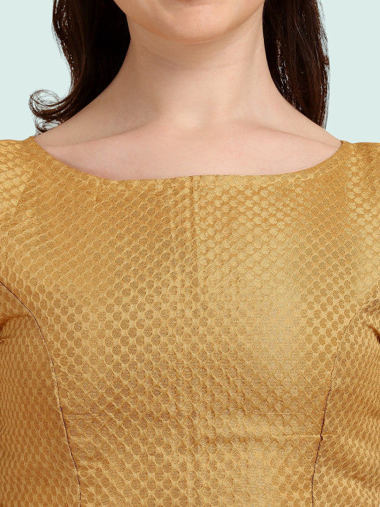 Women Mustard Yellow Brocade Silk Blouse | Traditional Boat Neck