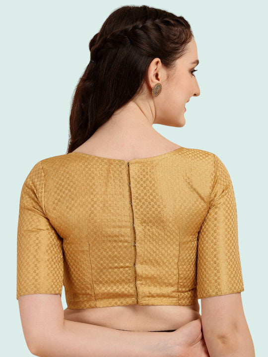 Women Mustard Yellow Brocade Silk Blouse | Traditional Boat Neck