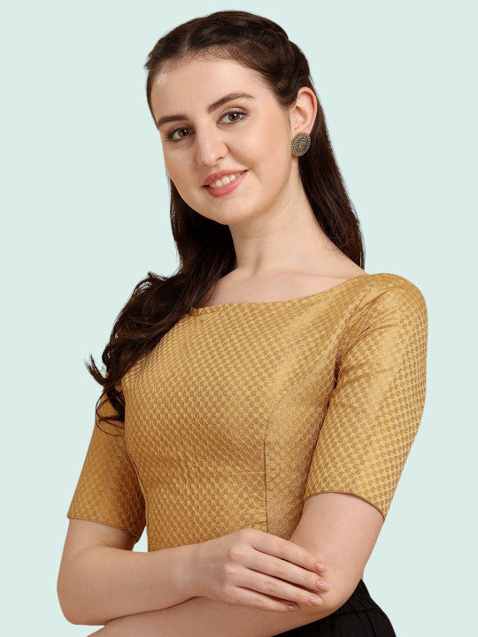 Women Mustard Yellow Brocade Silk Blouse | Traditional Boat Neck