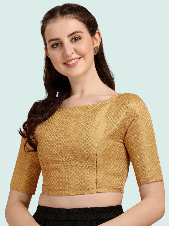 Women Mustard Yellow Brocade Silk Blouse | Traditional Boat Neck